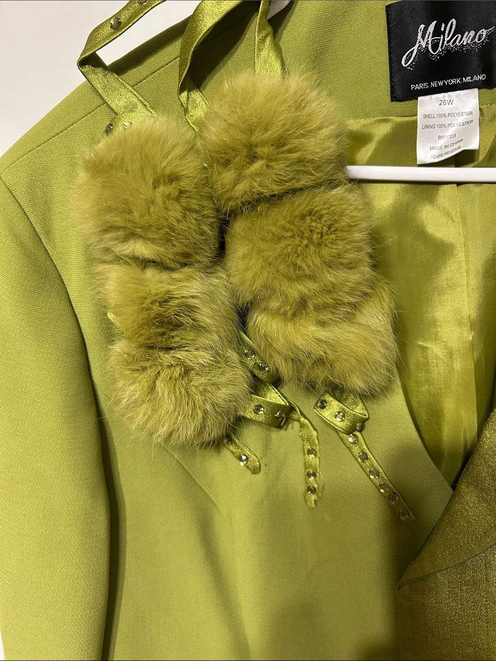 Milano Chartreuse Women's  Set Blazer with Satin Trim and Pom Accents and Skirt - Picture 2 of 10